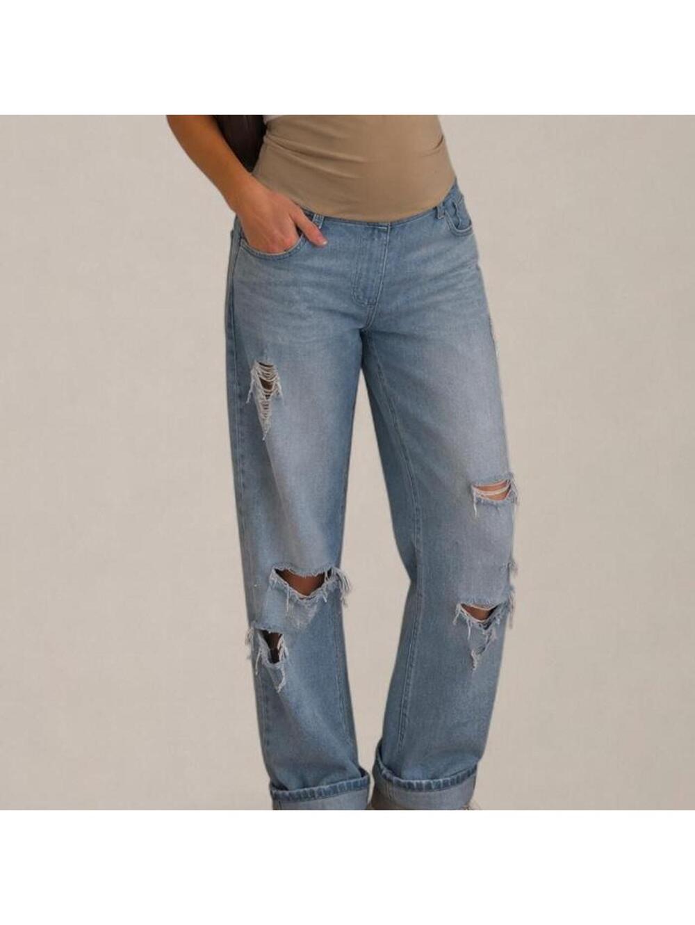 Indigo Blue Distressed Maternity Boyfriend Jeans — Size Medium
